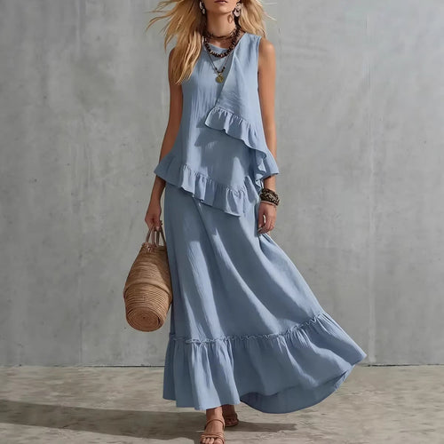 Robe longue texturée sans manches à volants asymétriques, robe longue d'été ample et fluide