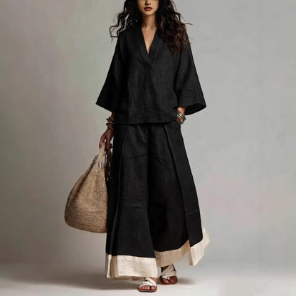 Ensemble chemise col V manches trois-quarts et pantalon large contrastant pour femme