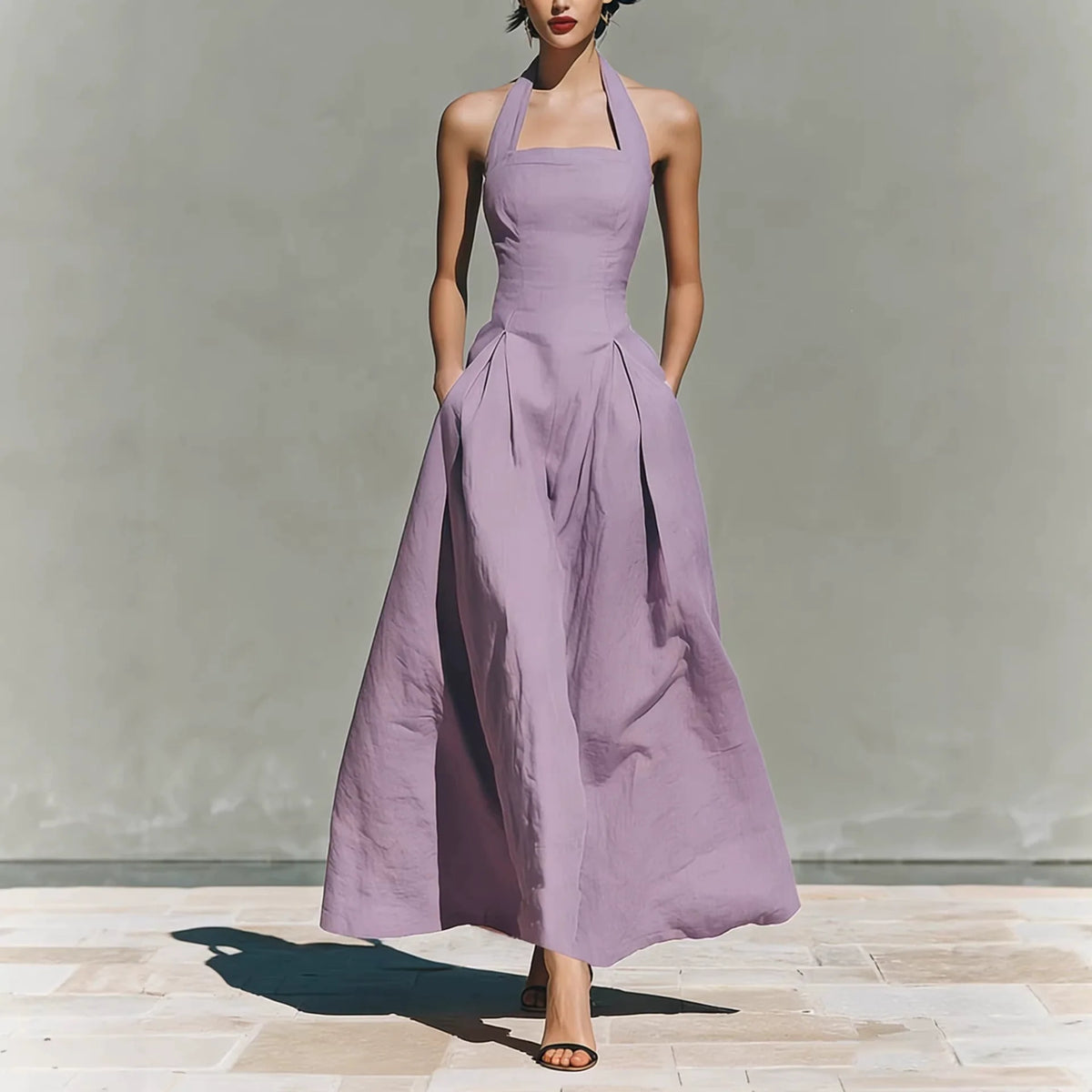 Robe midi plissée trapèze à col montant et encolure carrée