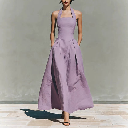 Robe midi plissée trapèze à col montant et encolure carrée