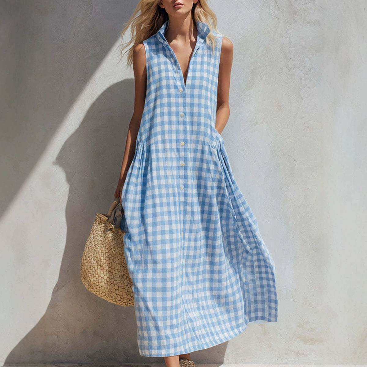 Robe longue ample sans manches à carreaux pour femme, style bohème, idéale pour les vacances d'été à la plage.