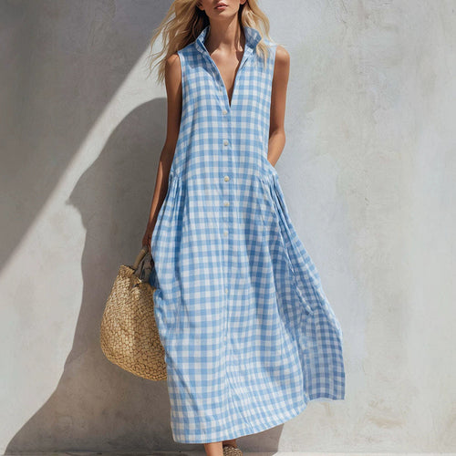 Robe longue ample sans manches à carreaux pour femme, style bohème, idéale pour les vacances d'été à la plage.