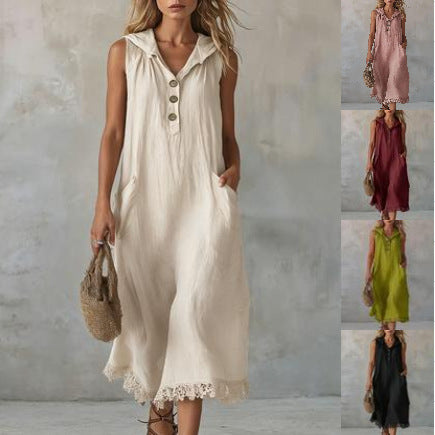 Robe midi sans manches en lin avec col, demi-bouton et ourlet en dentelle