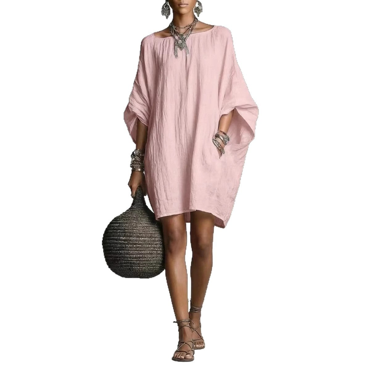 Robe décontractée femme en coton-lin, couleur unie, col rond, manches 3/4, coupe ample