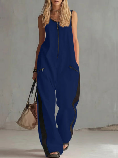 Combinaison Sans Manches Femme Bicolore - Jambes Larges Sporty avec Détail Fermeture Éclair (S-2XL)