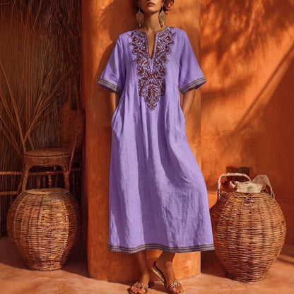 Robe Kaftan Midi à Broderies Florales en Lin, Col en V, Manches Courtes