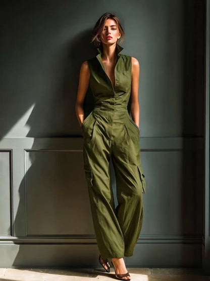 Combinaison sans manches à col chemise et jambes larges cargo
