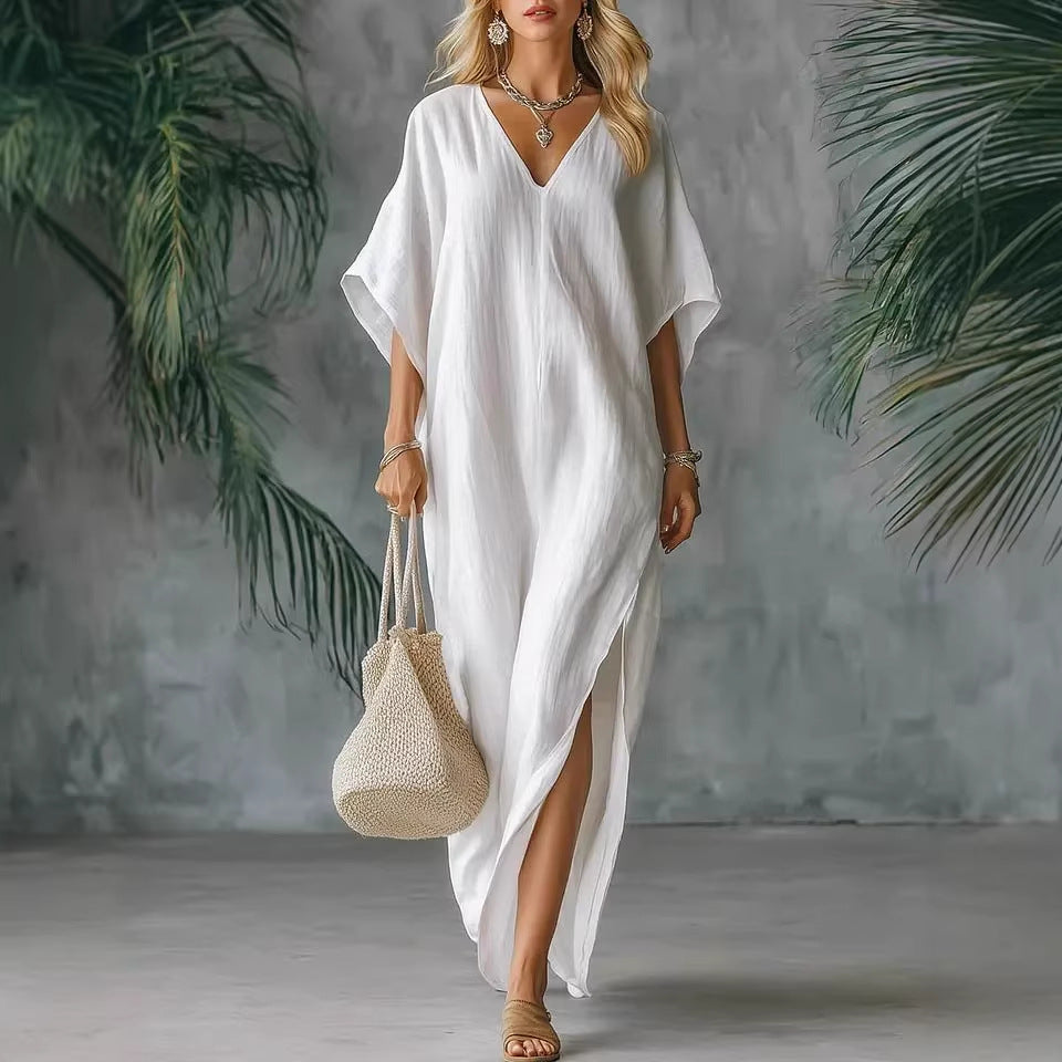 Robe longue caftan à col en V en mélange de lin