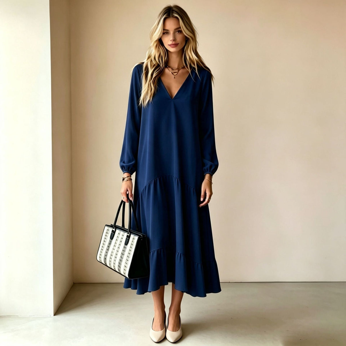 V‑Neck Long‑Sleeve Tiered Ruffle‑Hem Midi Dress