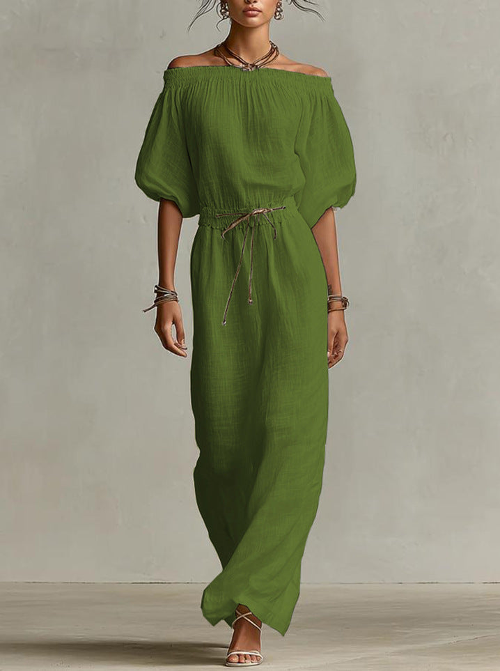 Off‑The‑Shoulder Linen‑Blend Maxi Dress - Olive / S