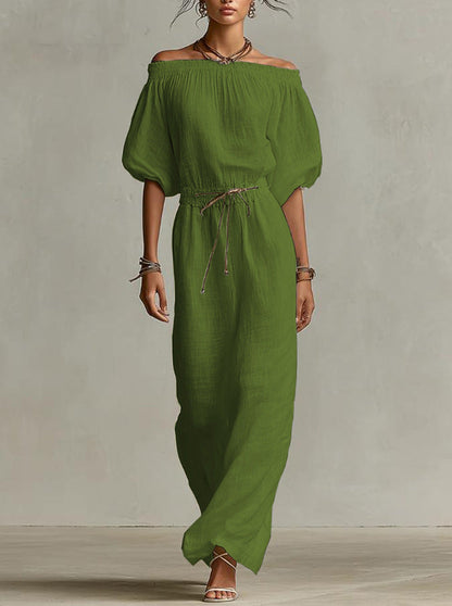 Off‑The‑Shoulder Linen‑Blend Maxi Dress - Olive / S