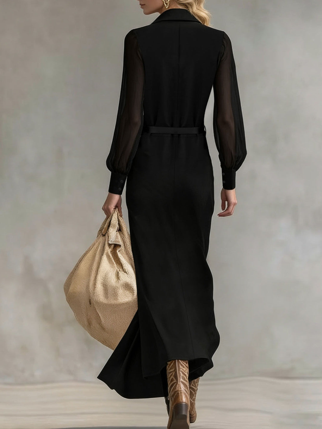 Robe chemise longue ceinturée à manches transparentes