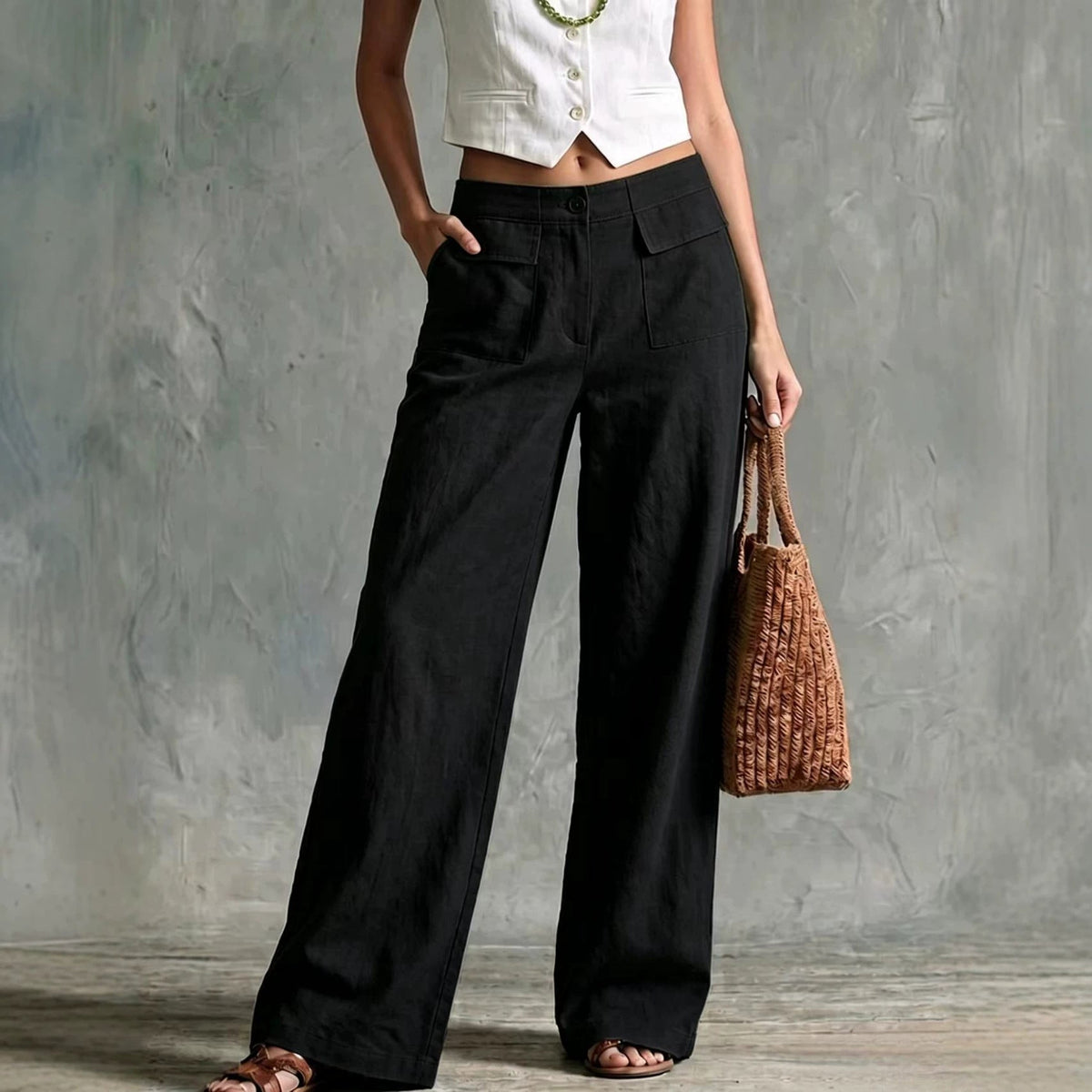 Pantalon large taille haute en lin sauge à poches plaquées