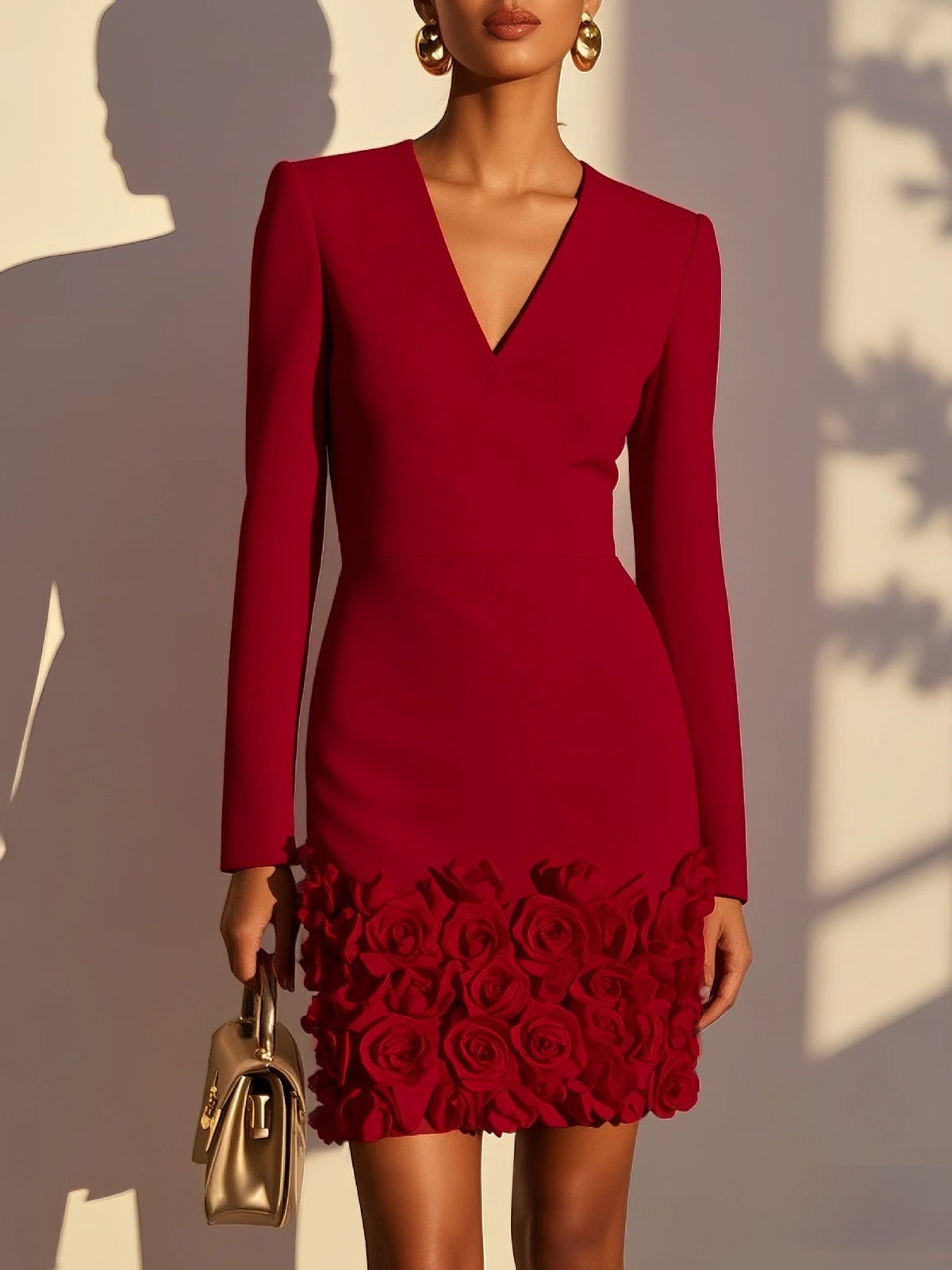 V‑Neck Long‑Sleeve 3D Rose Appliqué Bodycon Mini Dress - Red / S