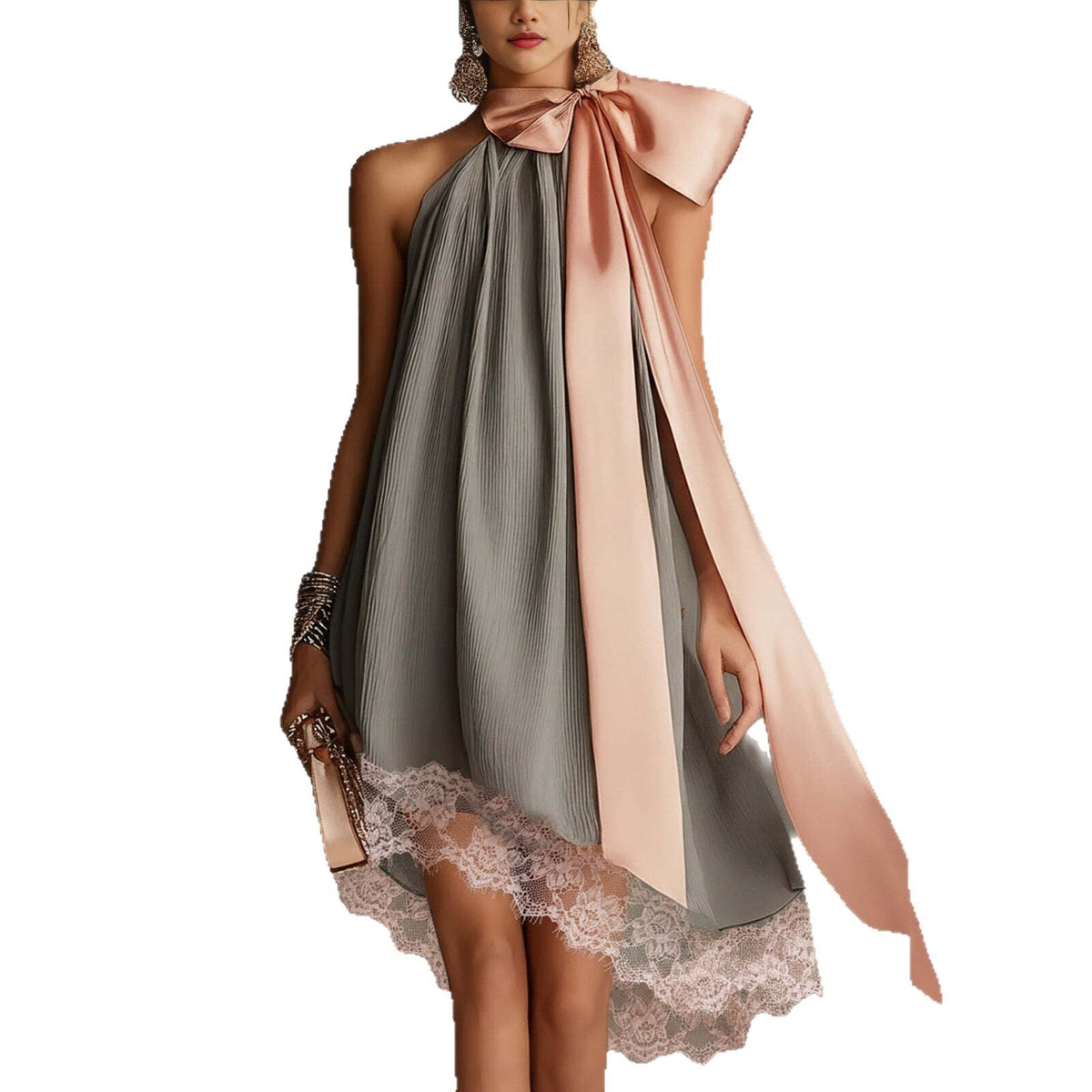 Robe courte en satin plissé gris à nœud et ourlet en dentelle