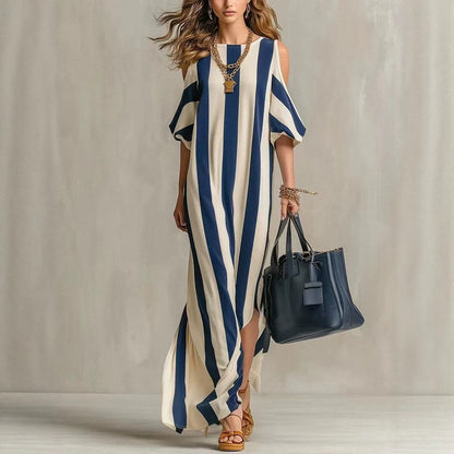 Robe longue ample fendue à rayures verticales et épaules dénudées