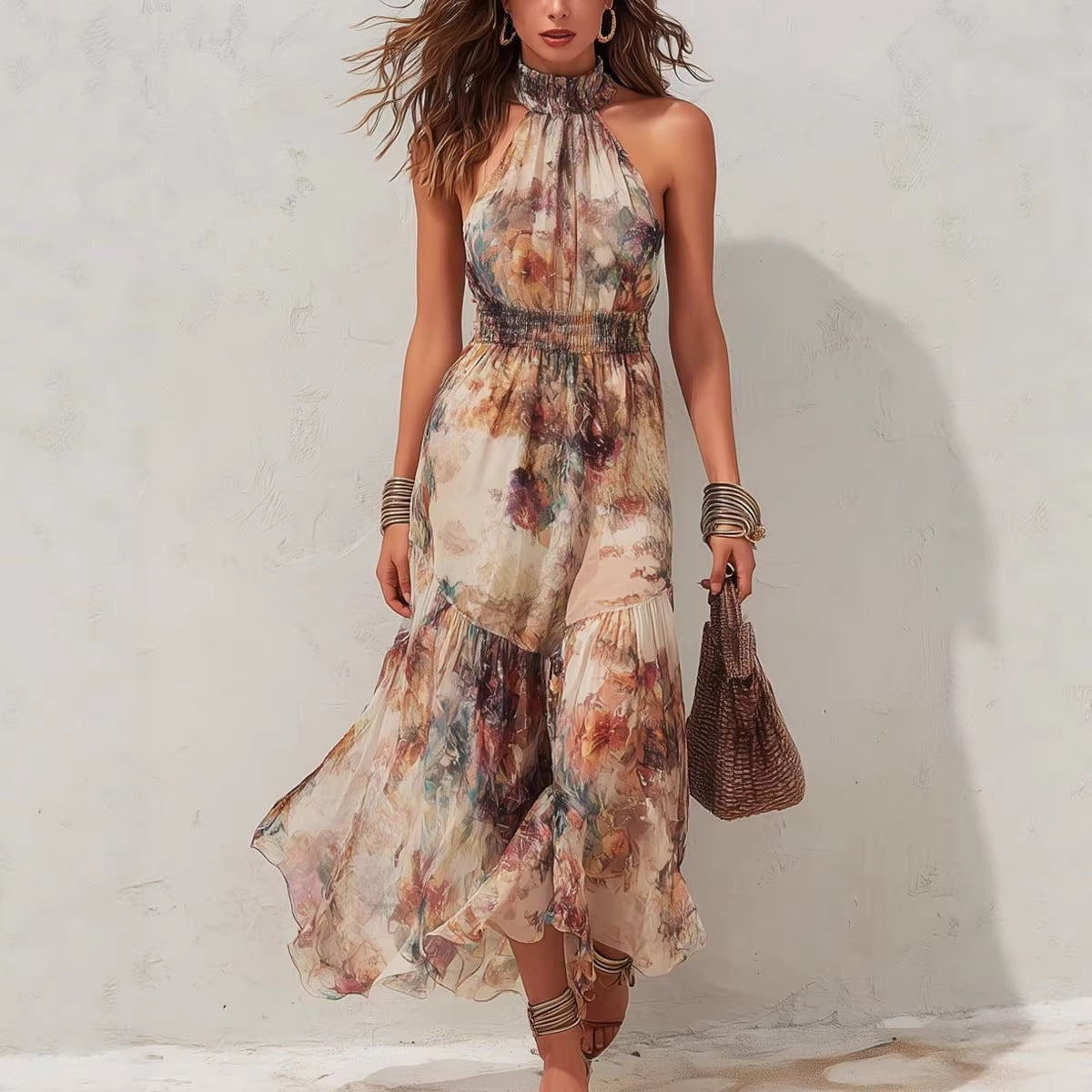 Robe de vacances évasée et volantée sans manches à imprimé aquarelle vintage