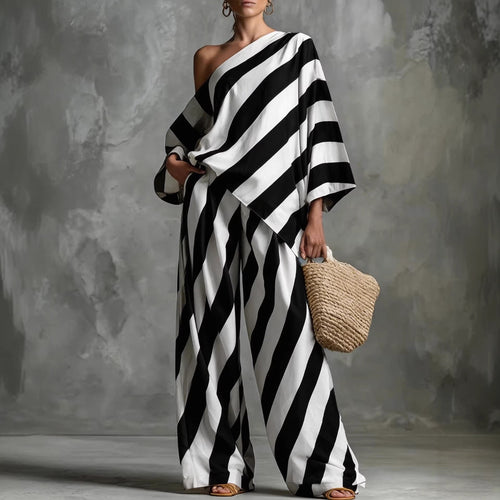 Ensemble haut asymétrique rayé et pantalon large