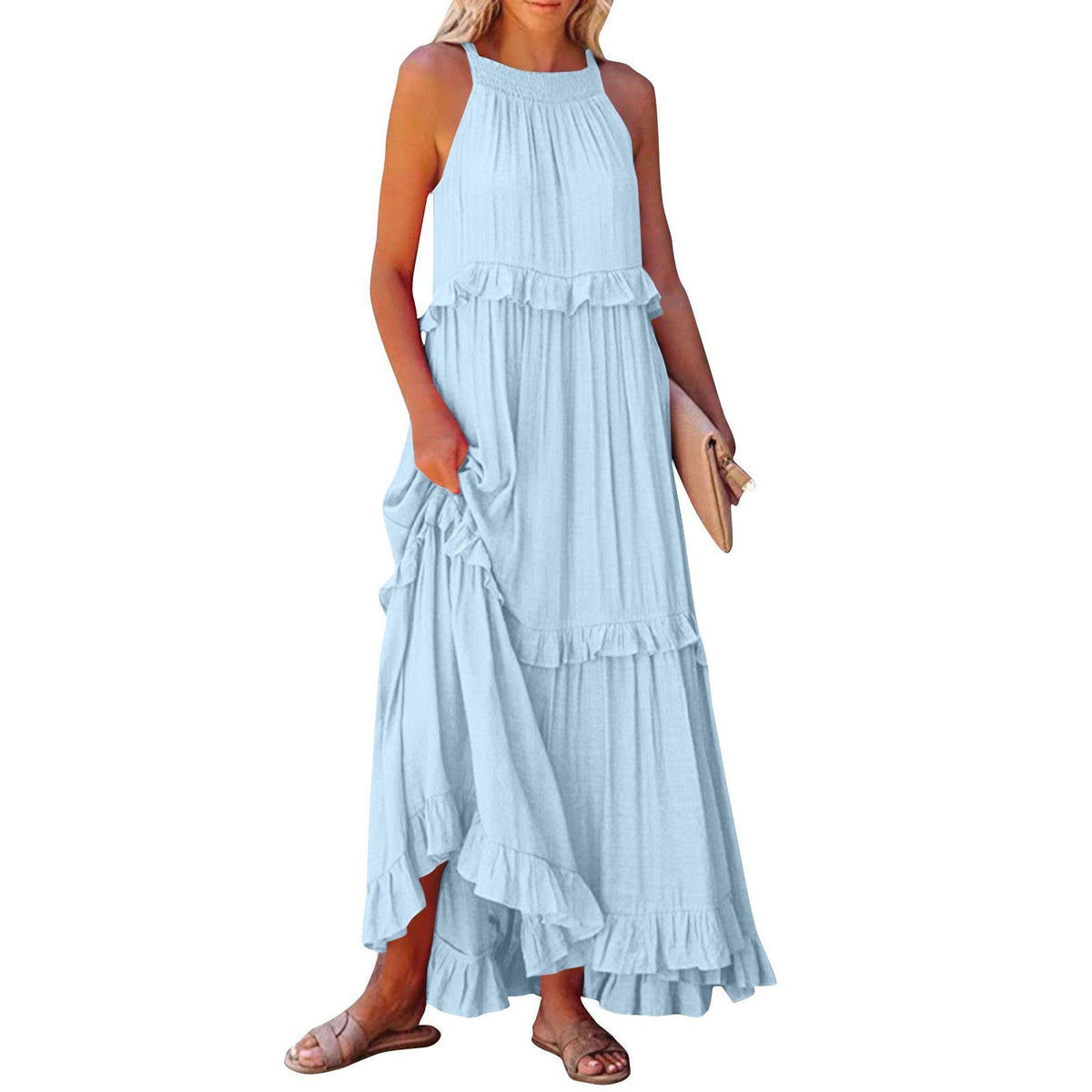 Robe longue fluide à volants et plusieurs niveaux, coupe halter