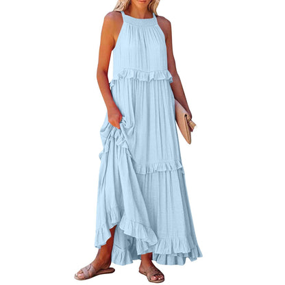 Robe longue fluide à volants et plusieurs niveaux, coupe halter