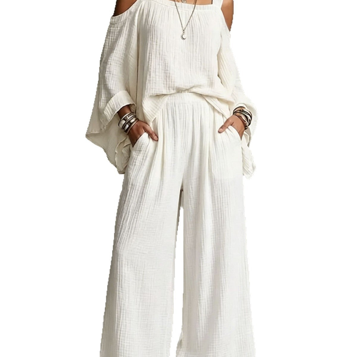 Women Solid Textured Cold Shoulder Batwing Top Elastic Waist Ruffle Wide Leg Pants Matching Set