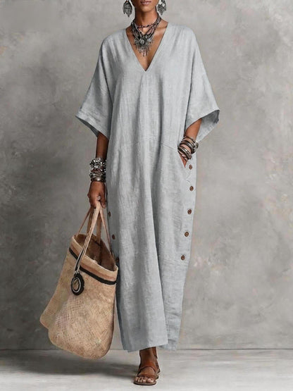 Robe Tunique Longue en Lin Naturel avec Col en V, Manches Chauve-souris et Fente Boutonnée sur le Côté