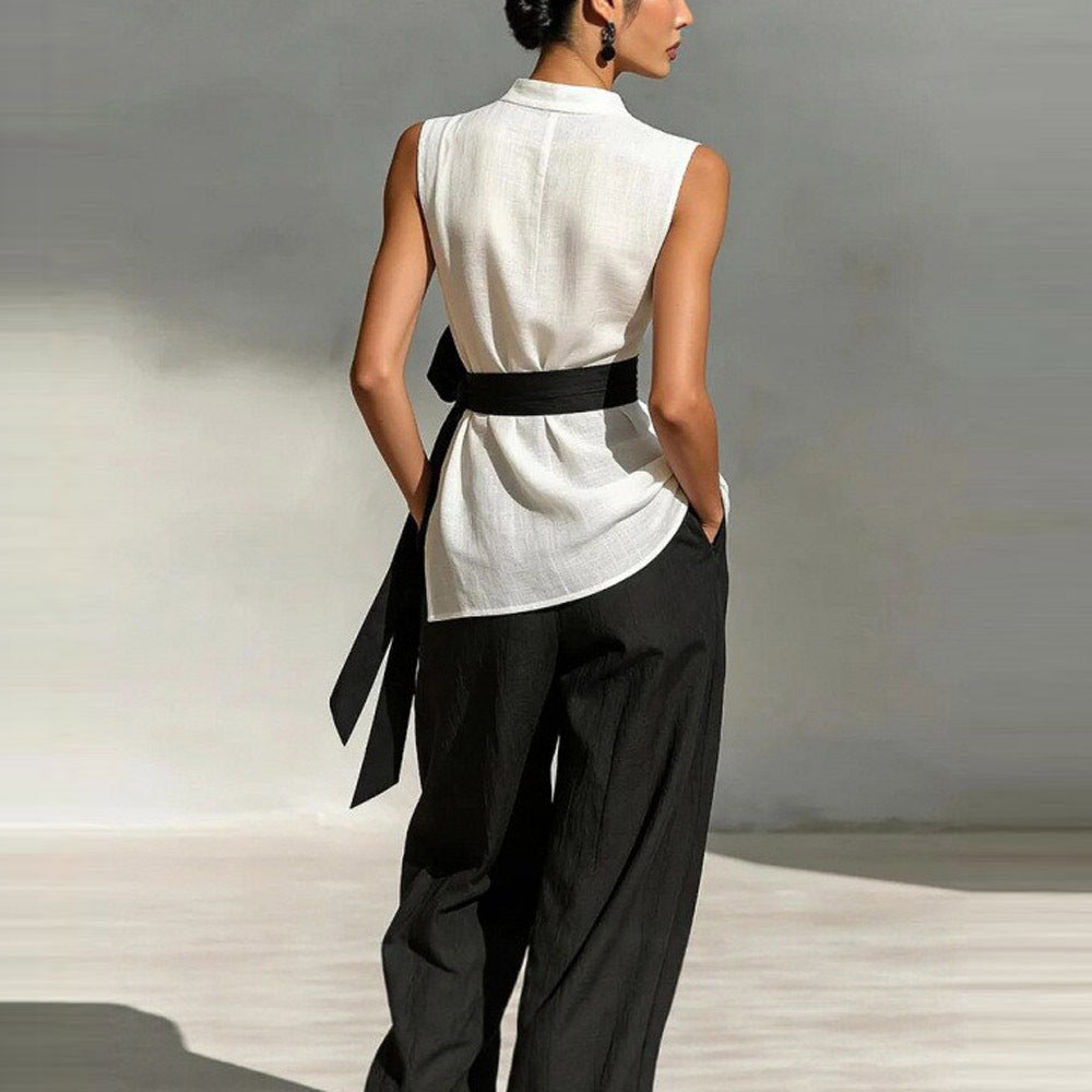 Ensemble deux pièces pour femme : haut sans manches à lacets et à couleur contrastante + pantalon à jambes larges