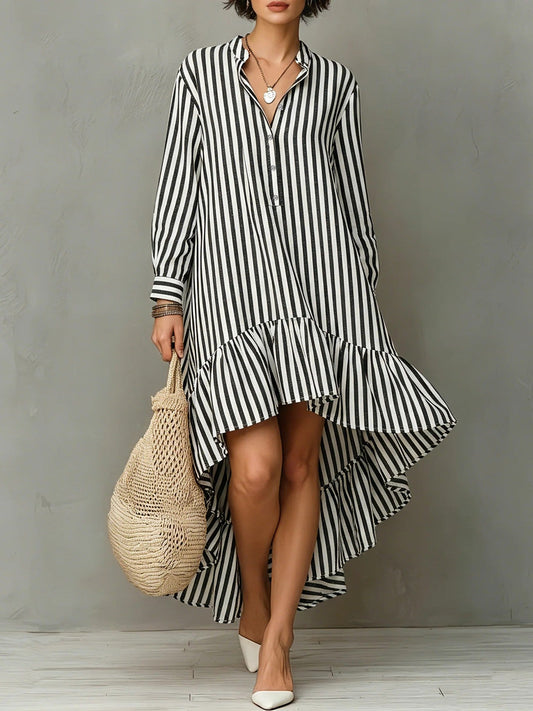 Robe longue à manches longues avec ourlet volanté et rayures verticales