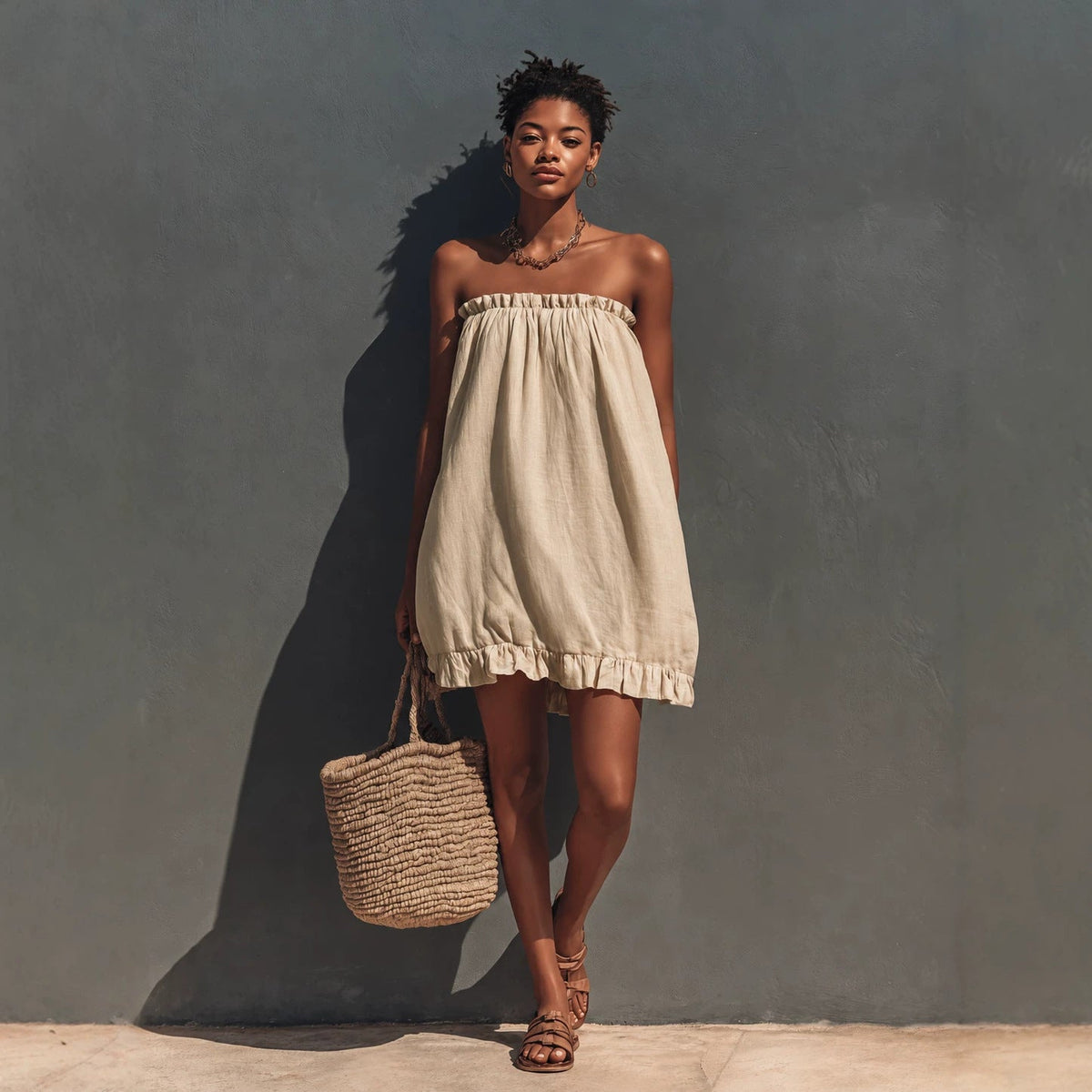 Robe courte ample en lin bustier à volants