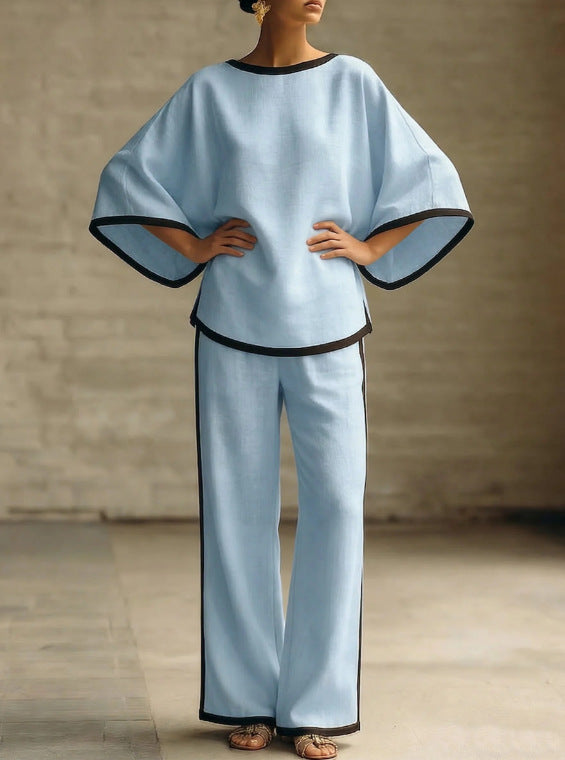 Ensemble deux pièces ample en coton et lin à col rond et manches chauve-souris élégant pour femme