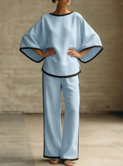 Ensemble deux pièces ample en coton et lin à col rond et manches chauve-souris élégant pour femme