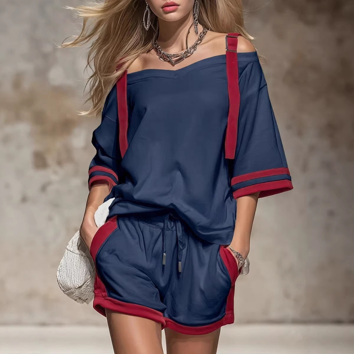 Ensemble T-shirt court à épaules dénudées et short color-block rétro
