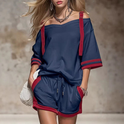 Ensemble T-shirt court à épaules dénudées et short color-block rétro