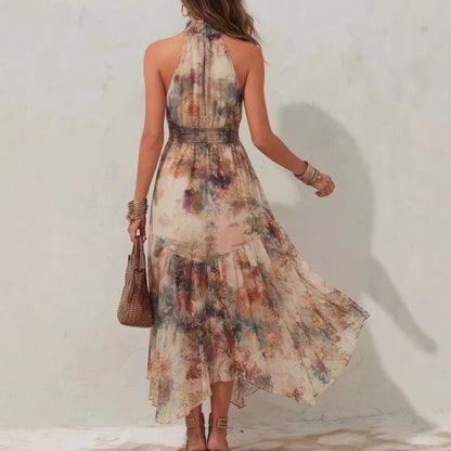 Robe de vacances évasée et volantée sans manches à imprimé aquarelle vintage