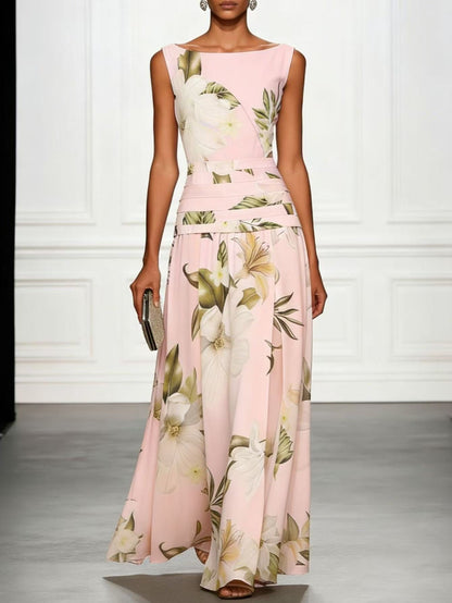 Robe longue vintage style color block à imprimé floral lys