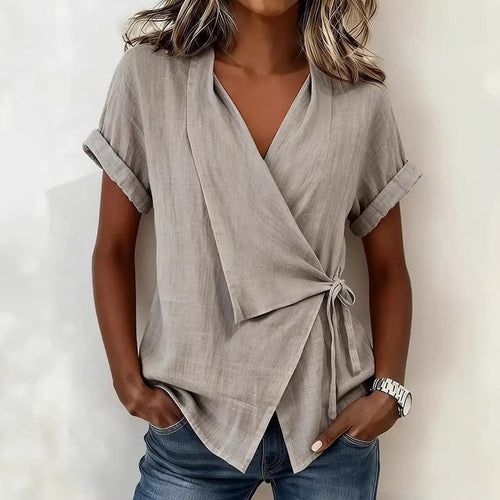 Blouse à manches courtes et col en V en lin mélangé avec ceinture à nouer à la taille