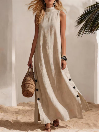 Robe longue décontractée sans manches en coton et lin de couleur unie avec fente latérale