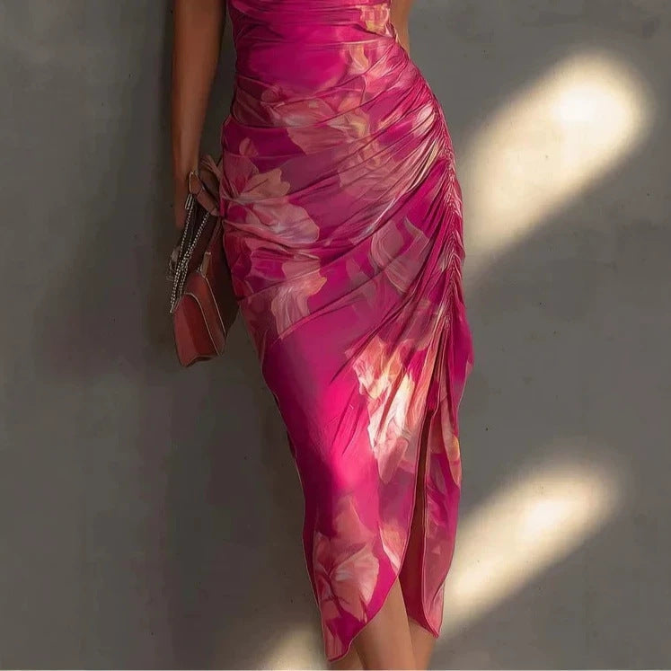 Robe midi licol froncée rose vif à fleurs