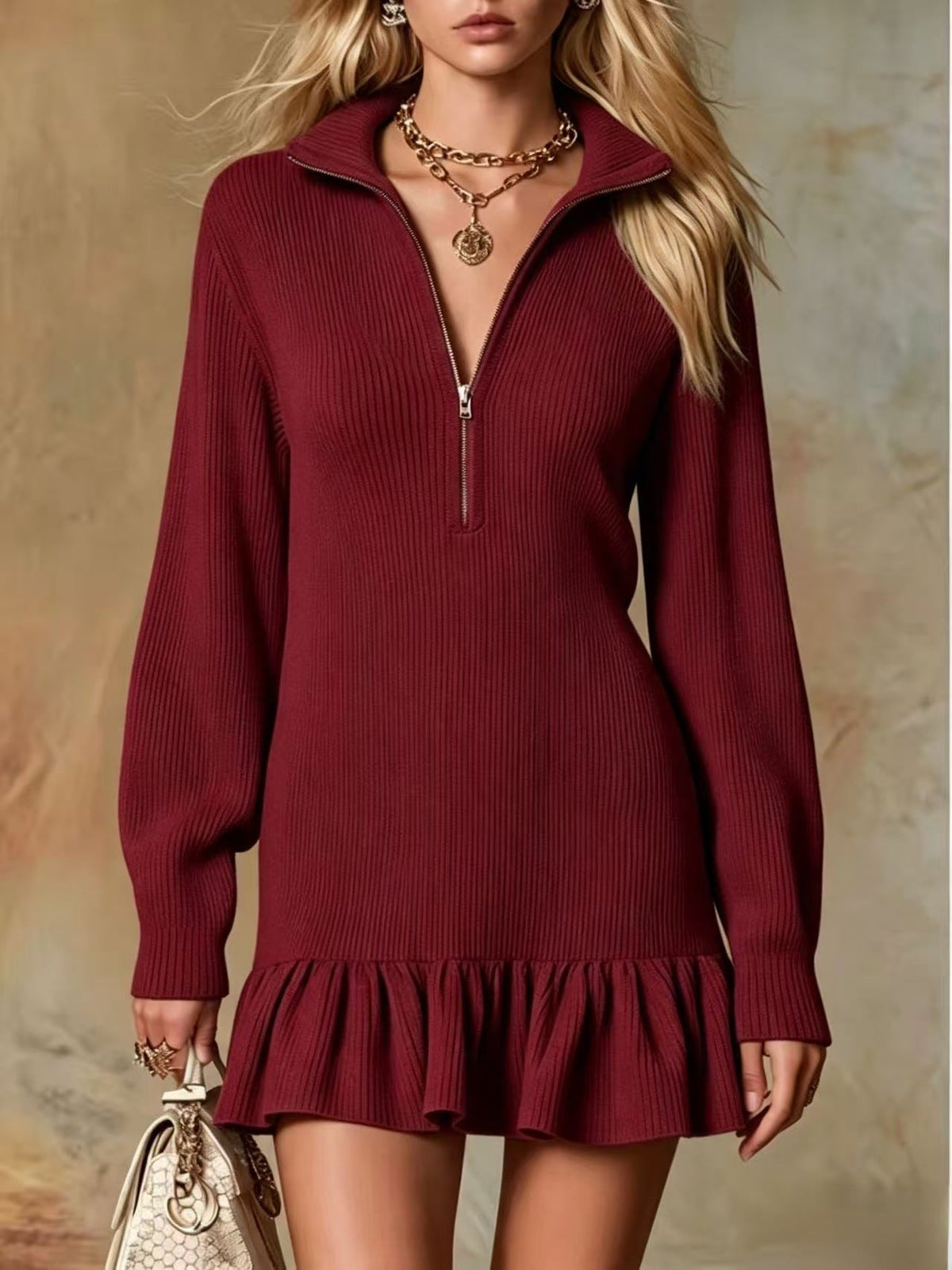 Robe pull col montant mi-zippé en maille côtelée à ourlet volanté
