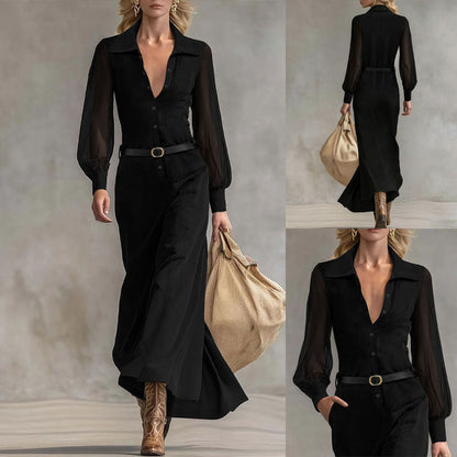 Robe chemise longue ceinturée à manches transparentes