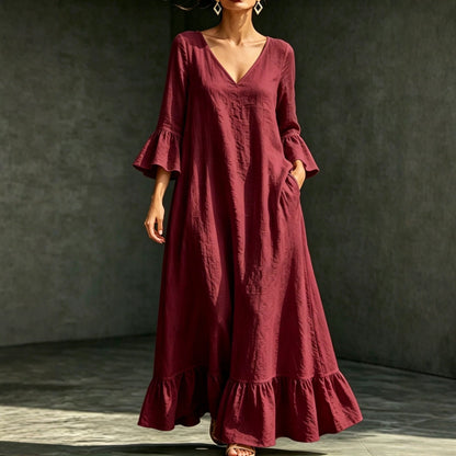 Robe longue en lin mélangé avec col en V, volants et manches évasées