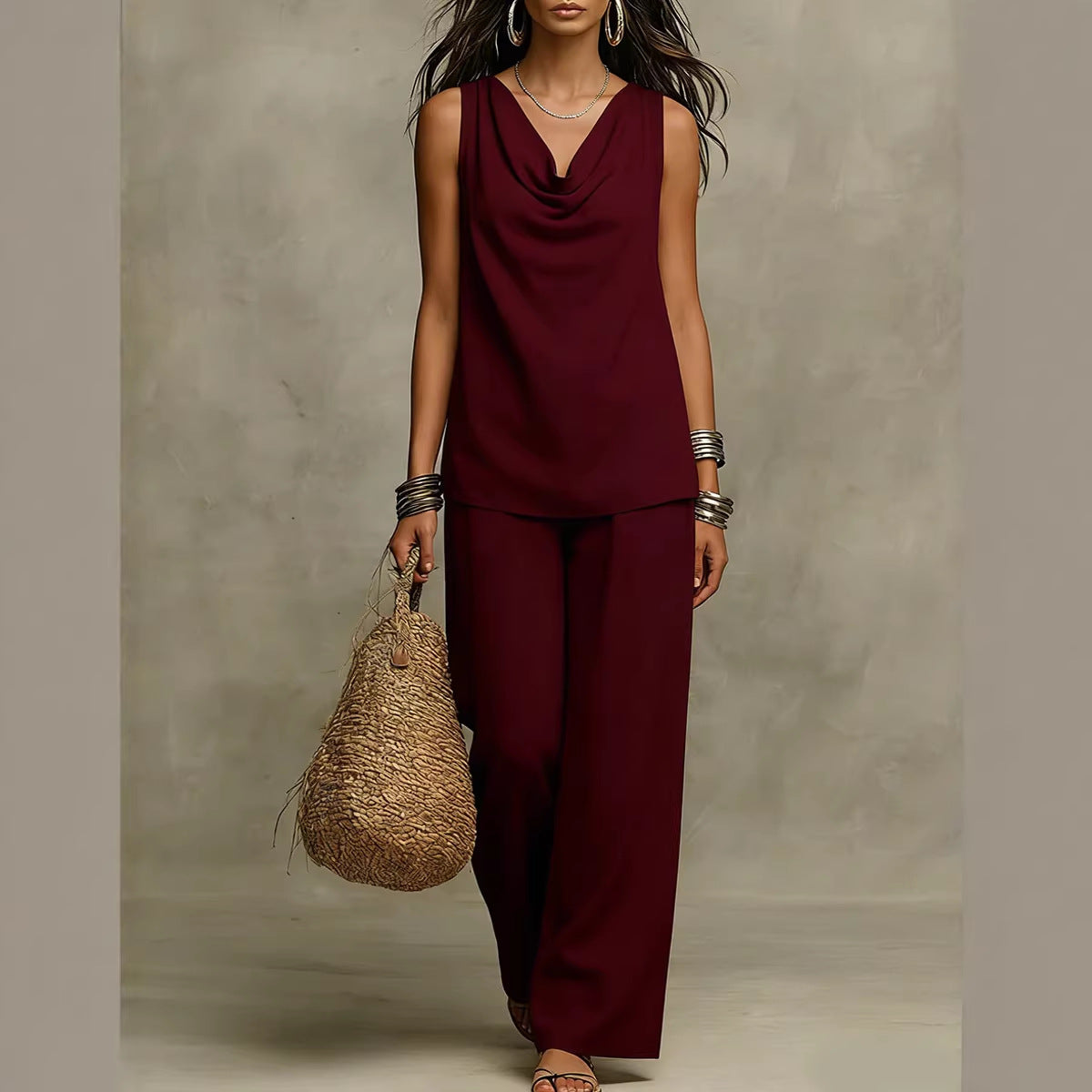 Ensemble deux pièces drapé sans effort - Haut sans manches à col bénitier et pantalon large