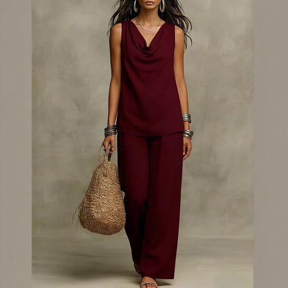 Ensemble deux pièces drapé sans effort - Haut sans manches à col bénitier et pantalon large