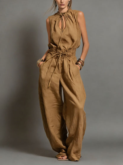 Combinaison en lin mélangé beige, taille smockée