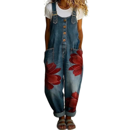 Salopette en jean sans effort à motif floral bohème pour femme