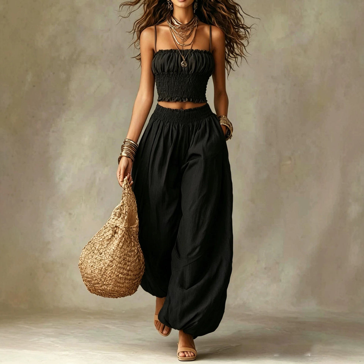 Ensemble de plage bohème composé d'un crop top à fines bretelles et d'un sarouel ample