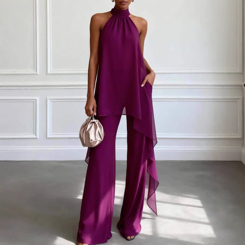 Ensemble pantalon deux-pièces patte large en mousseline de soie violet foncé élégant à col licou