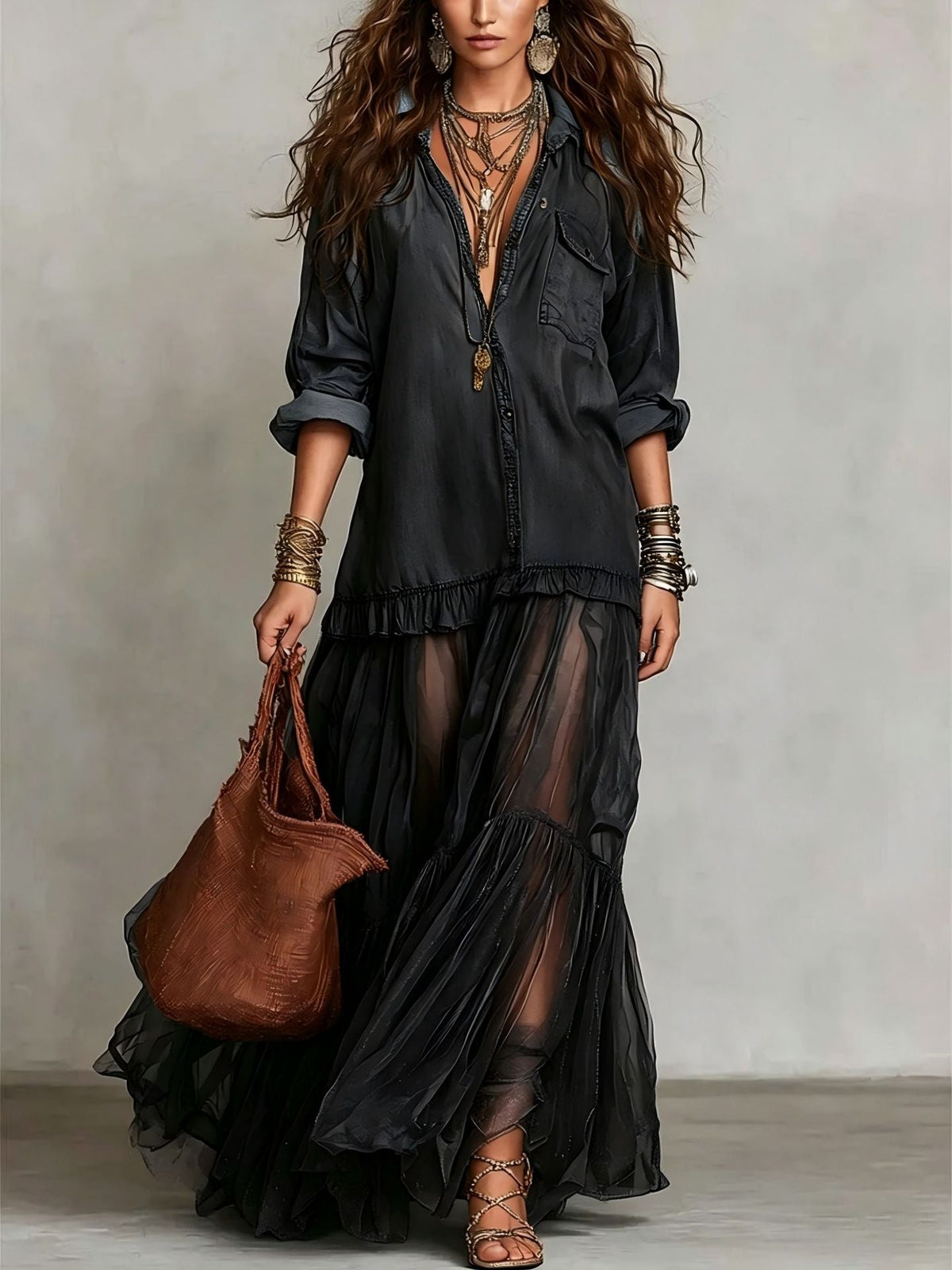 Robe longue décontractée en jean organza patchwork style rétro à revers pour femmes
