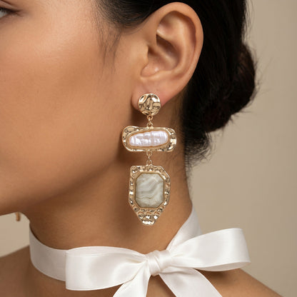 Vintage Layered Baroque Pearl Agate Drop Earrings 14K Gold Plated Textured Dangle Earrings for Women - EH5797