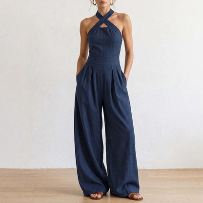 Combinaison pantalon dos nu entrecroisé à découpe et taille haute avec poches